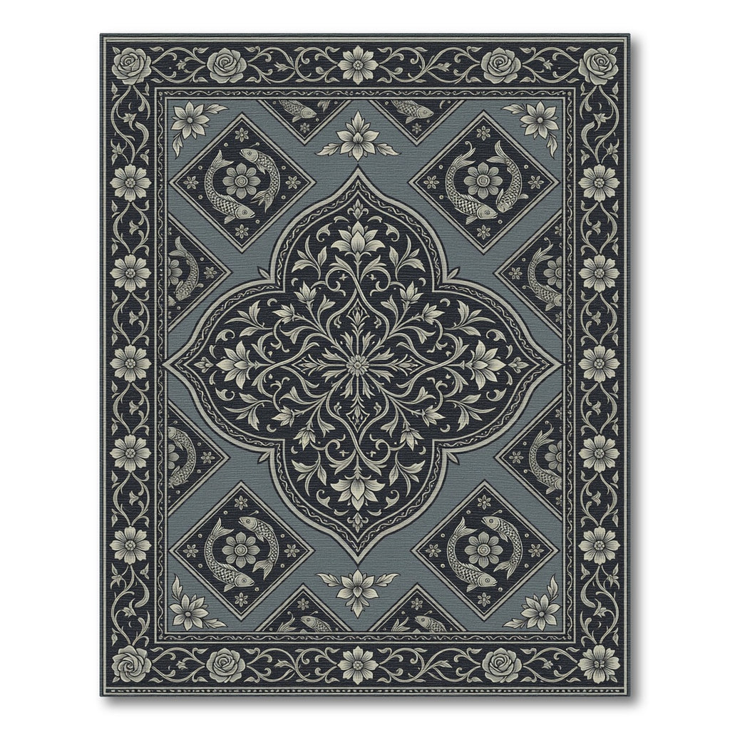 Elegant Slate Floral Koi Medallion Rug