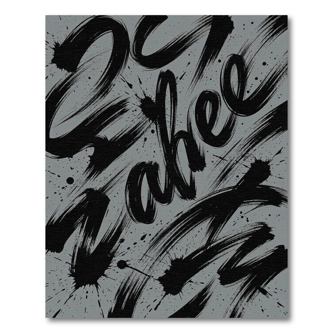 Contemporary Charcoal Black Abstract Calligraphy Rug