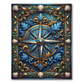 Ornate Navy Nautical Compass Shell Accent Rug