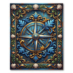 Ornate Navy Nautical Compass Shell Accent Rug
