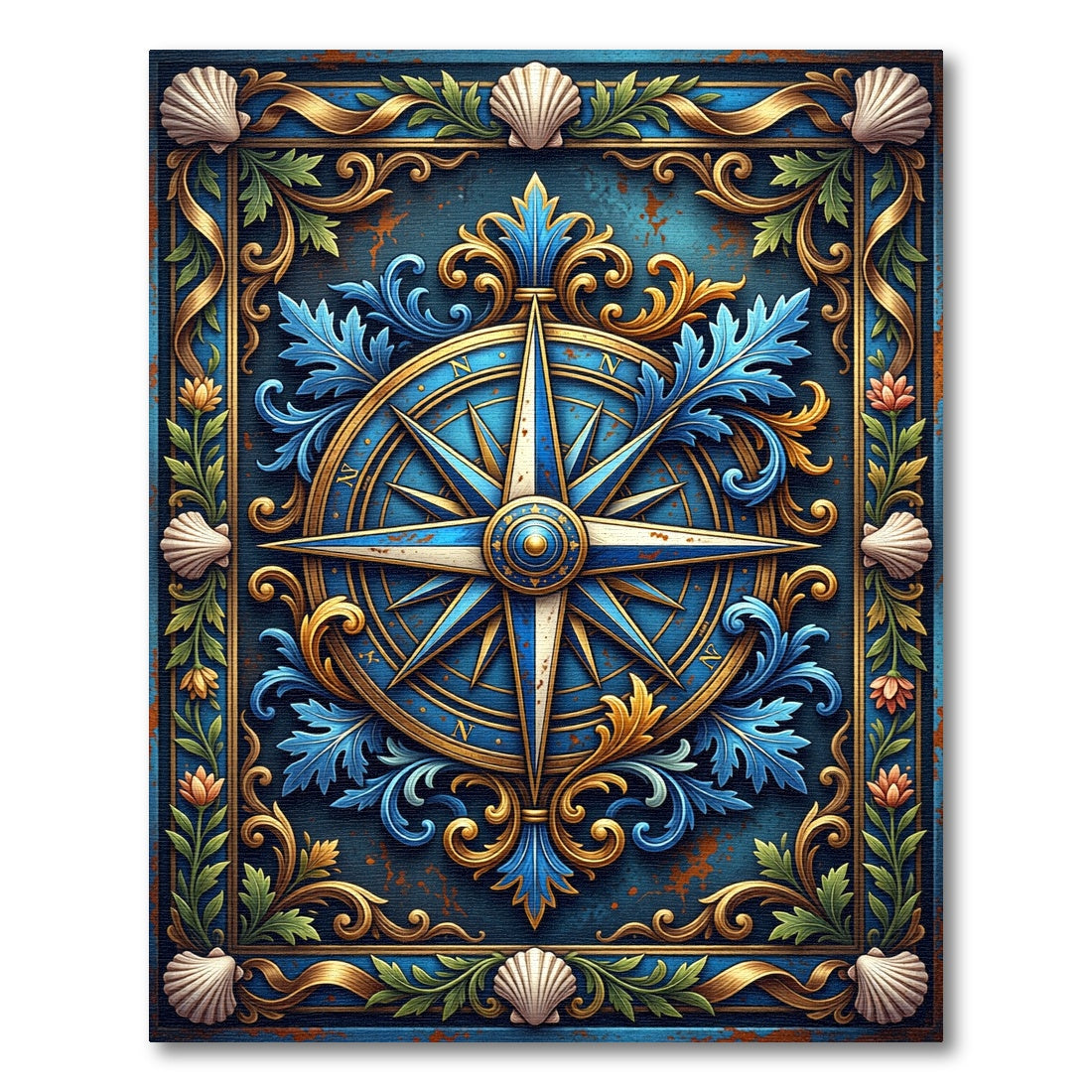 Ornate Navy Nautical Compass Shell Accent Rug