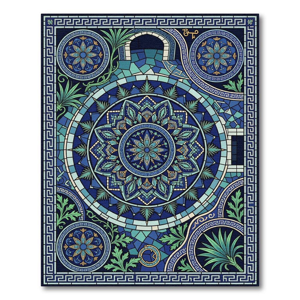 Deep Blue Stained Glass Floral Medallion Rug