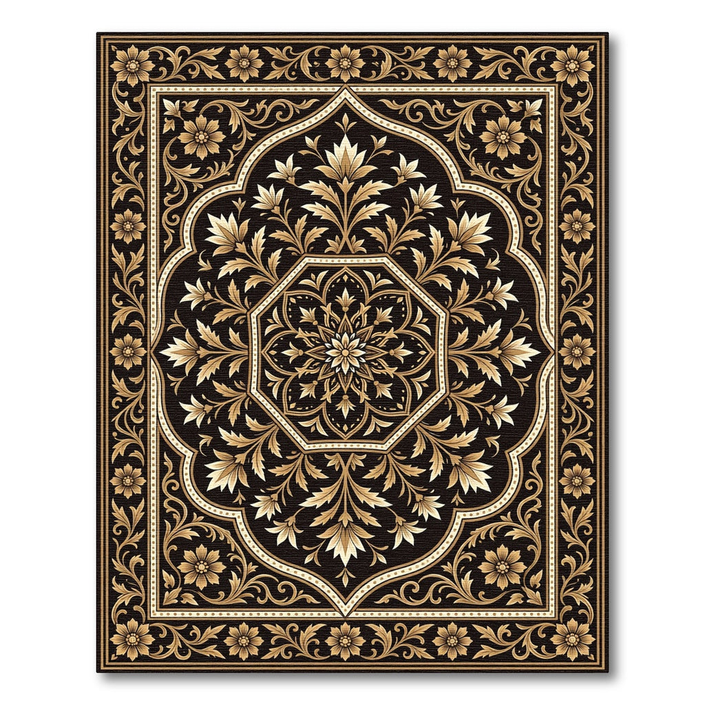 Elegant Black Gold Floral Medallion Rug