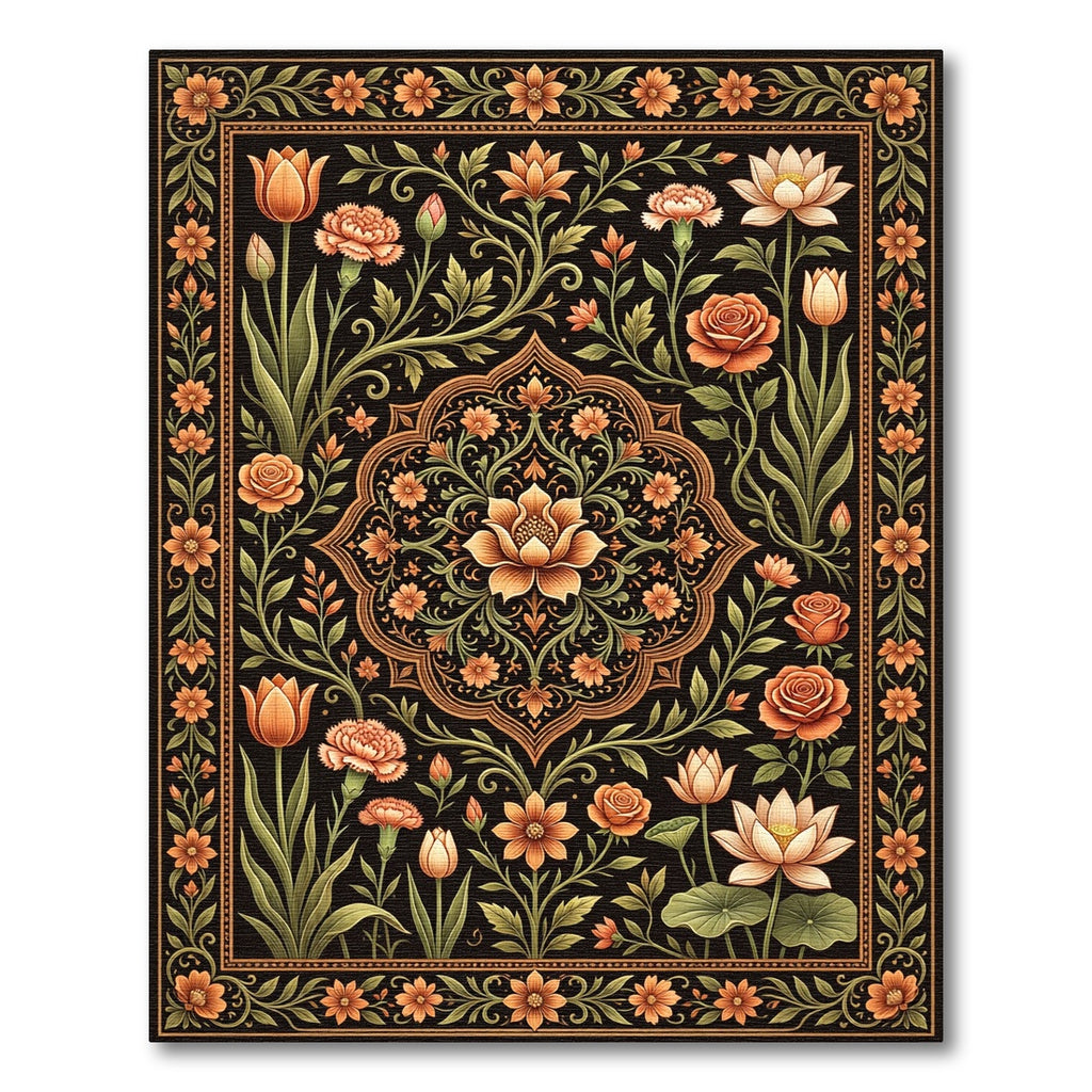 Opulent Black Floral Medallion Garden Rug