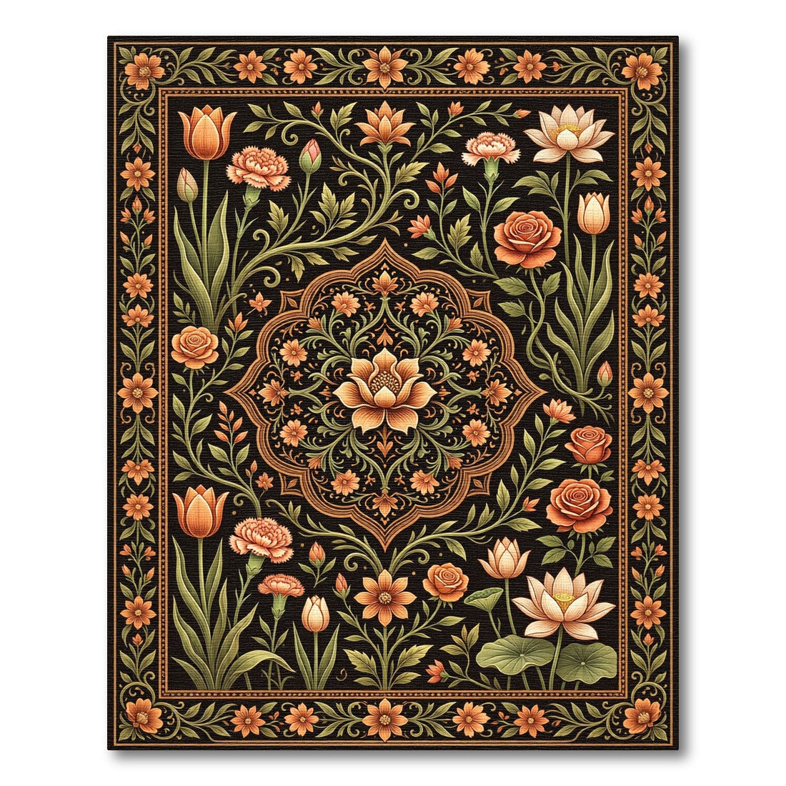 Opulent Black Floral Medallion Garden Rug