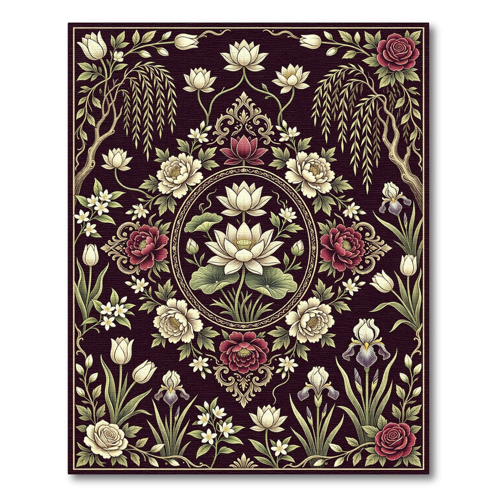 Elegant Dark Floral Lotus Medallion Rug