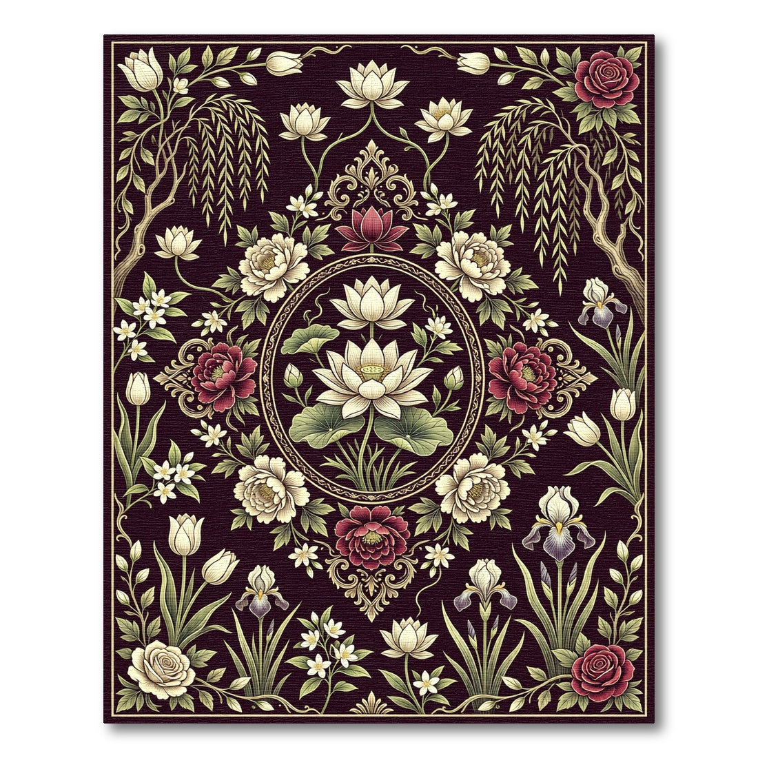Elegant Dark Floral Lotus Medallion Rug