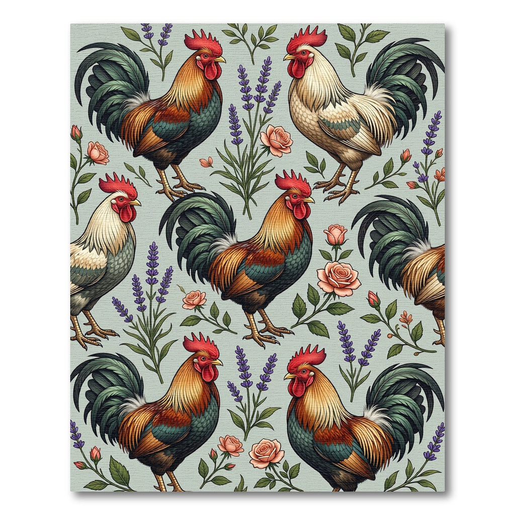 Vintage Country Rooster Lavender Rose Art Rug
