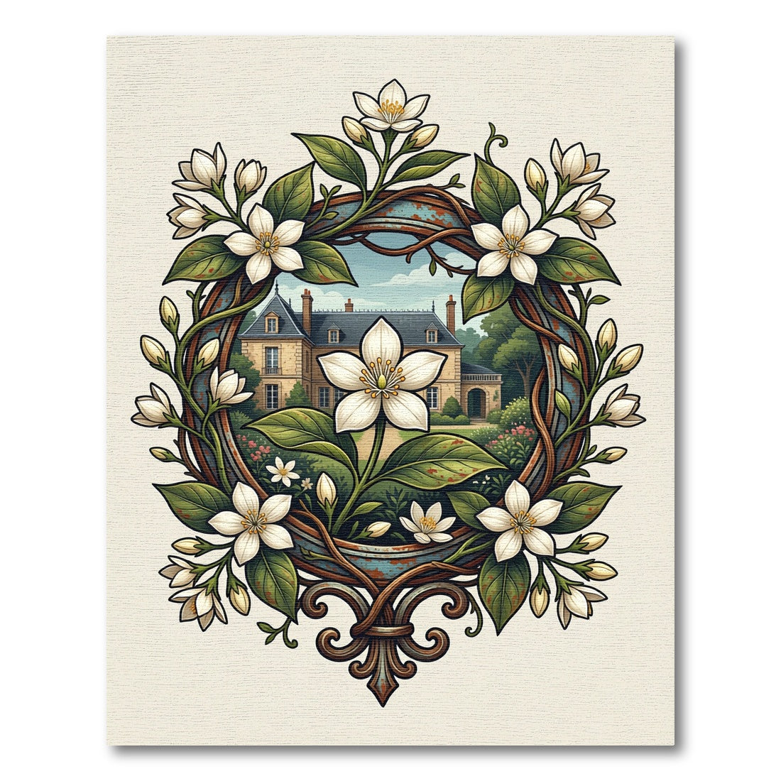 Elegant White Jasmine French Manor Wreath Rug