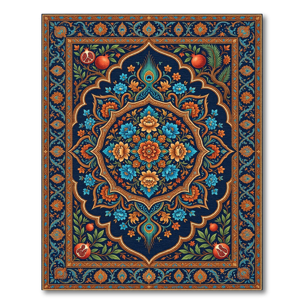 Deep Blue Pomegranate Floral Medallion Rug