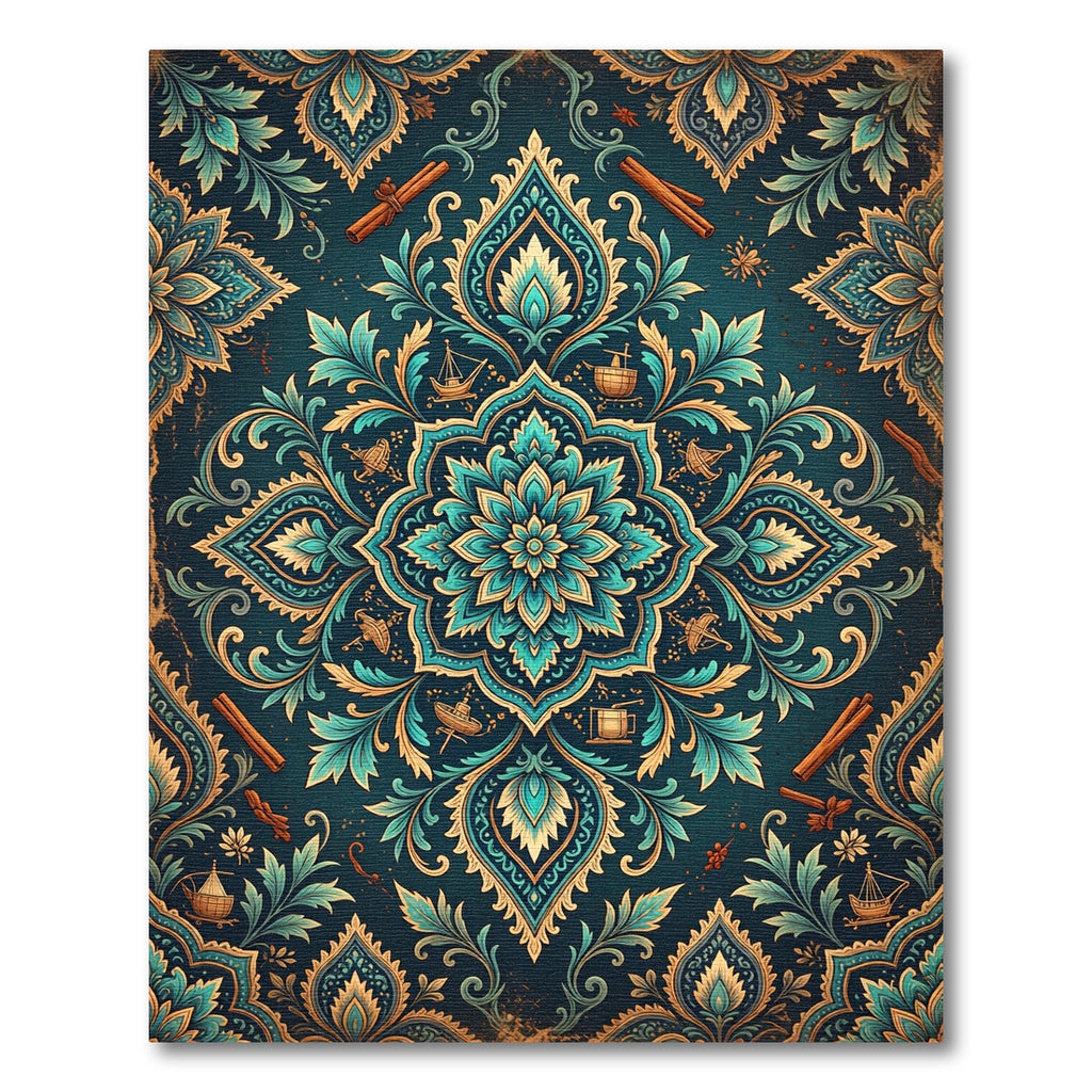 Teal and Gold Botanical Nautical Medallion Rug