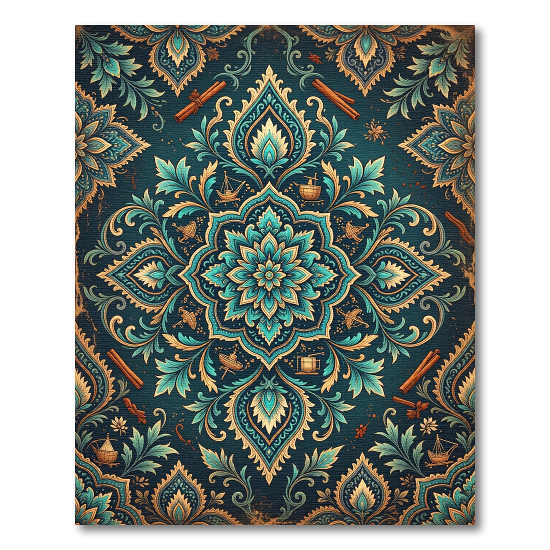 Teal and Gold Botanical Nautical Medallion Rug