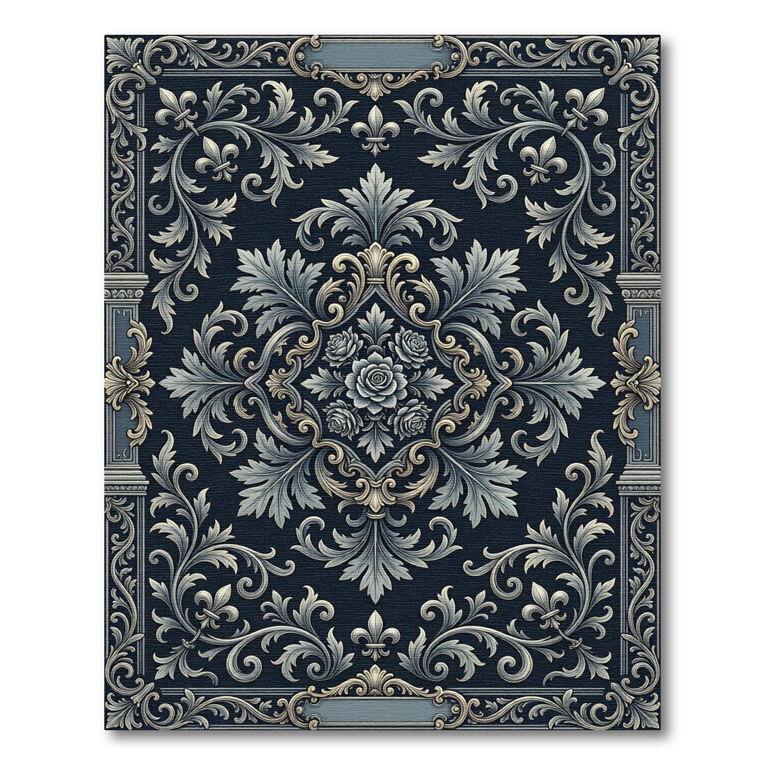 Navy Blue Floral Scroll Baroque Rug