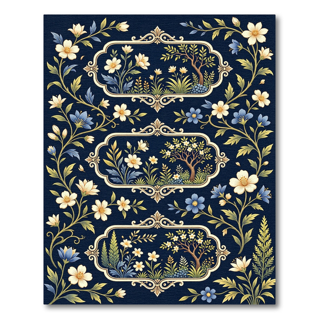 Elegant Navy Floral Frame Botanical Rug