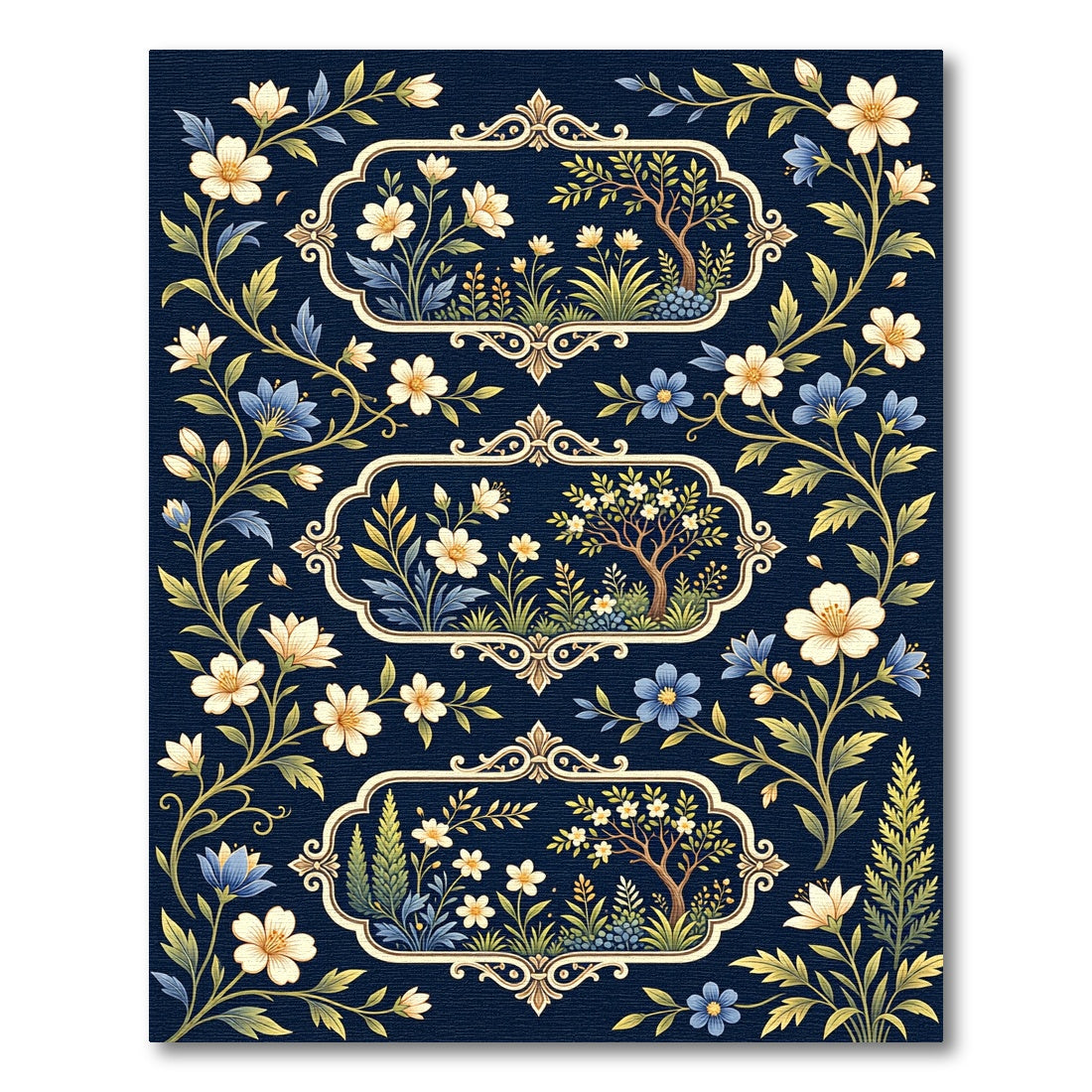Elegant Navy Floral Frame Botanical Rug