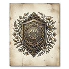 Ornate Golden Emblem Floral Border Rug