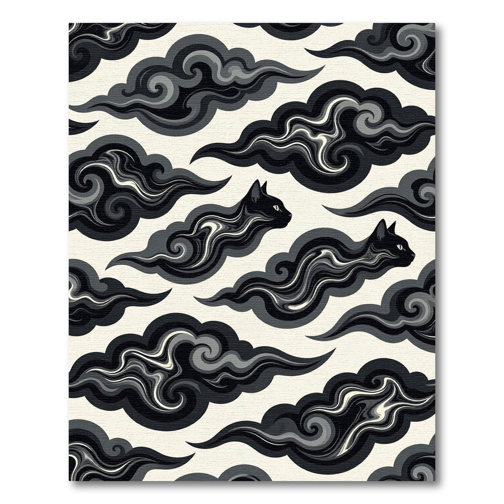 Ethereal Black Cat Swirling Cloud Ink Rug