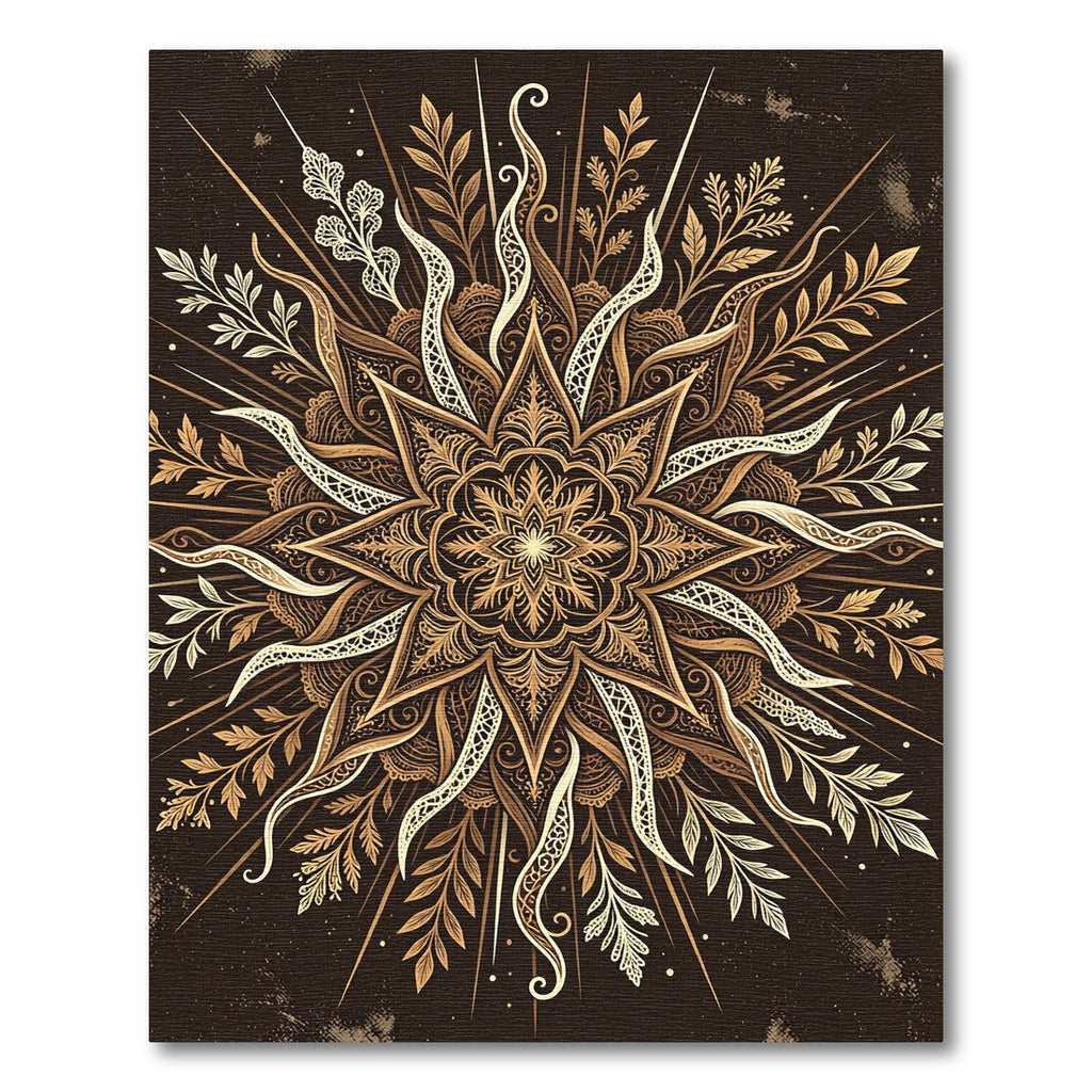 Earthy Gold Celestial Starburst Mandala Rug
