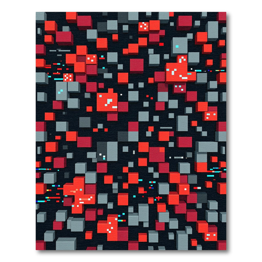 Modern Red Gray Geometric Pixel Block Rug