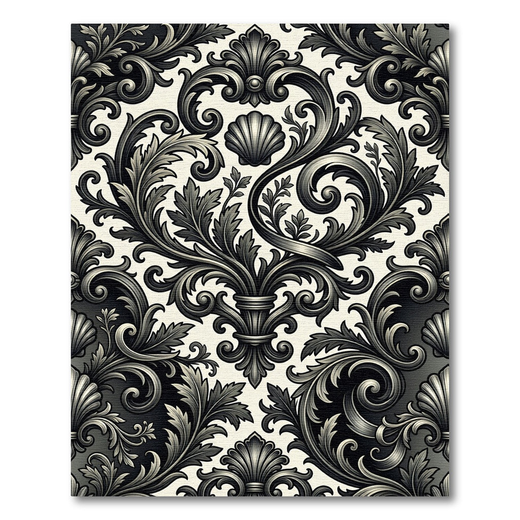 Ornate Black and White Acanthus Scroll Rug