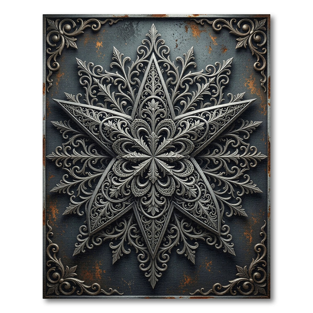 Ornate Silver Star Aged Iron Medallion Rug