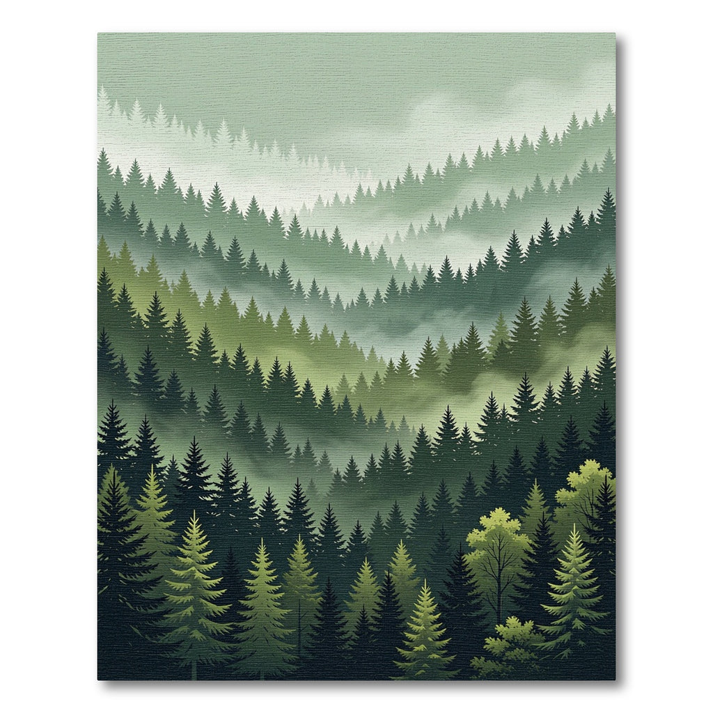 Misty Evergreen Forest Scene Rug