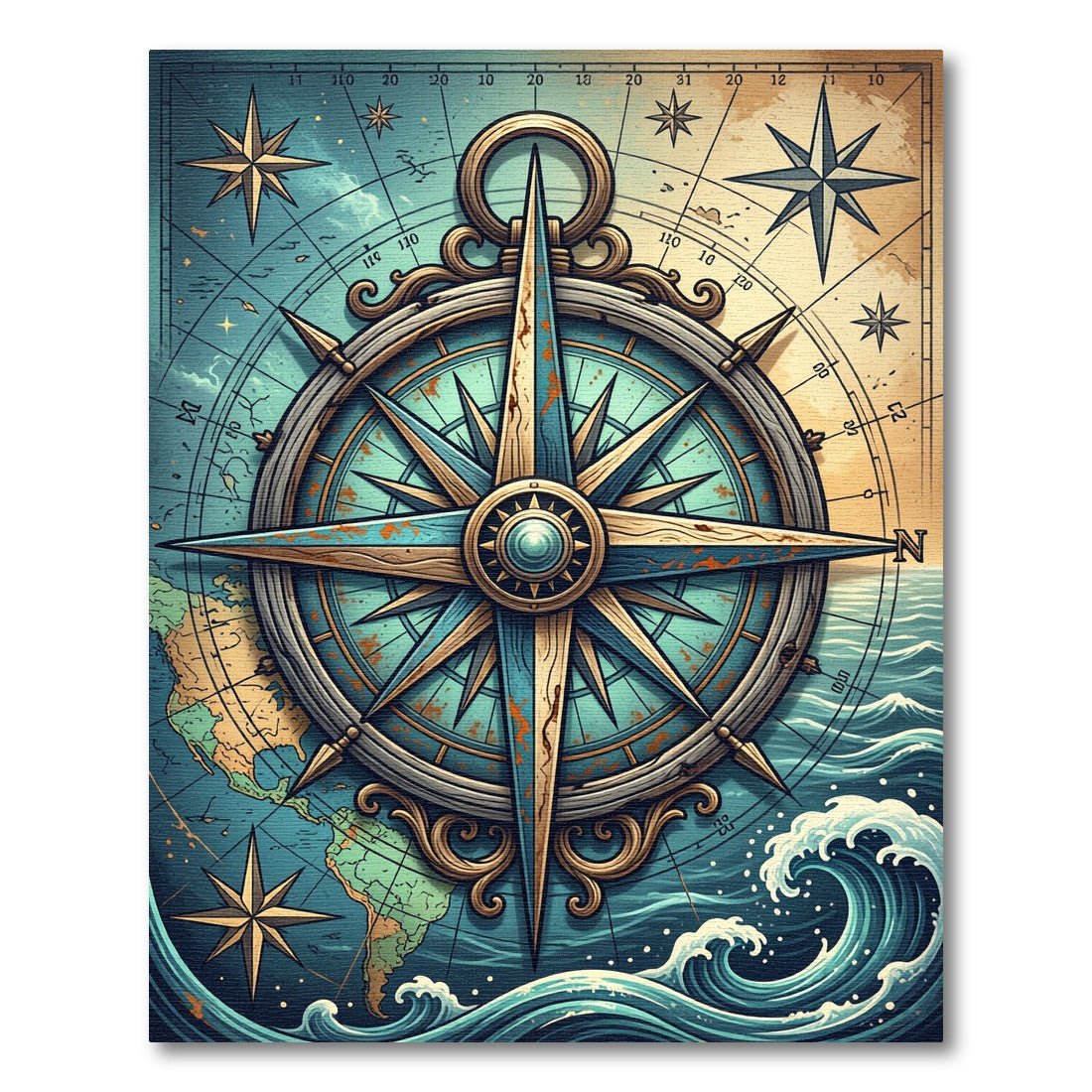 Nautical Compass Antique Map Teal Rug