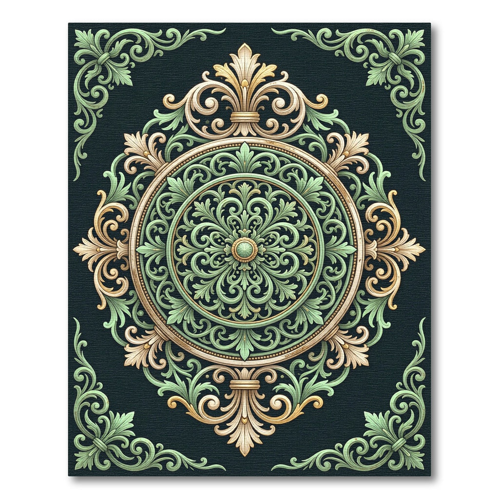 Ornate Sage and Gold Damask Medallion Rug