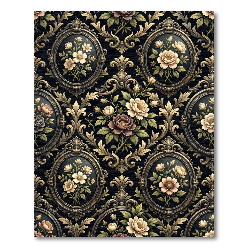 Ornate Black Floral Oval Medallion Rug