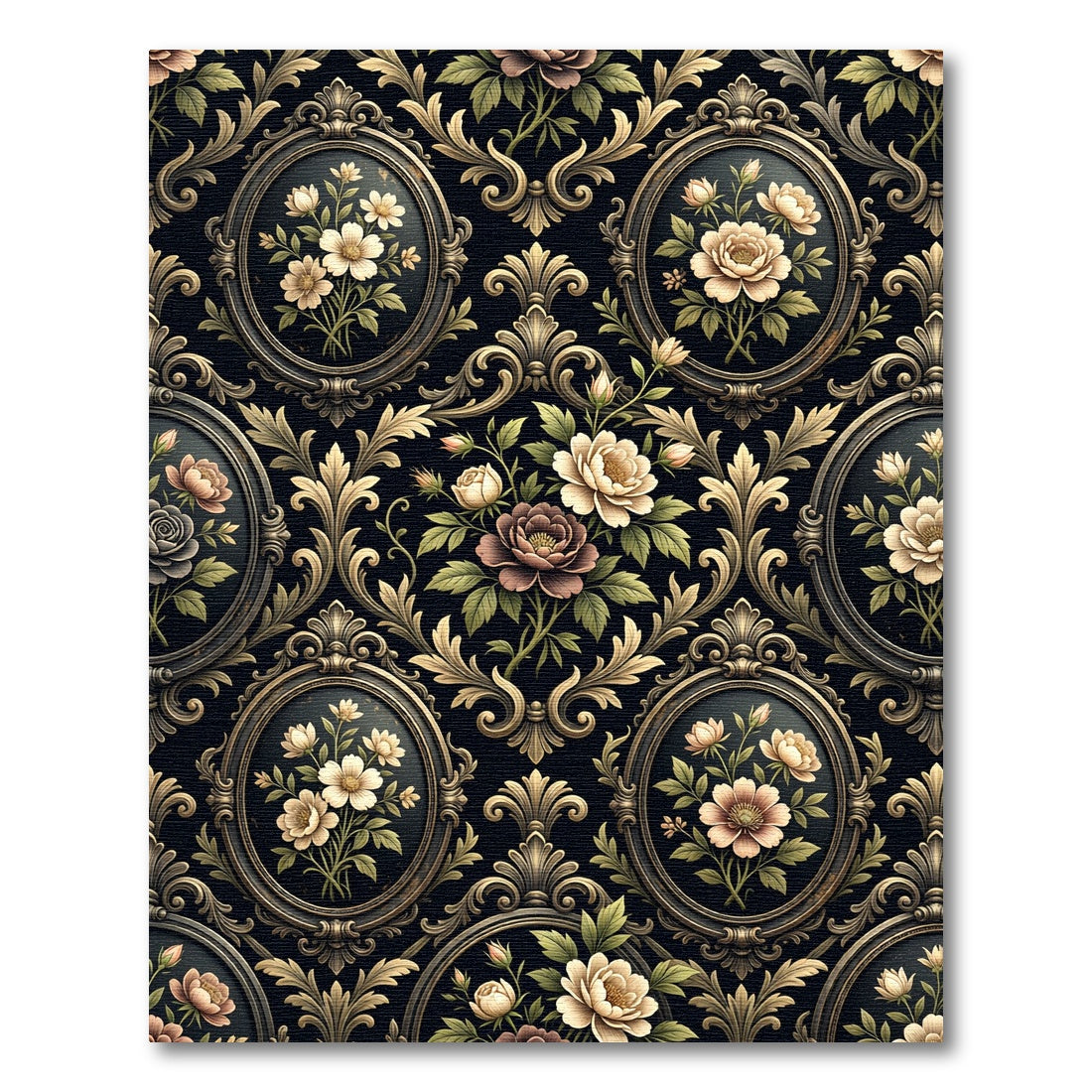 Ornate Black Floral Oval Medallion Rug