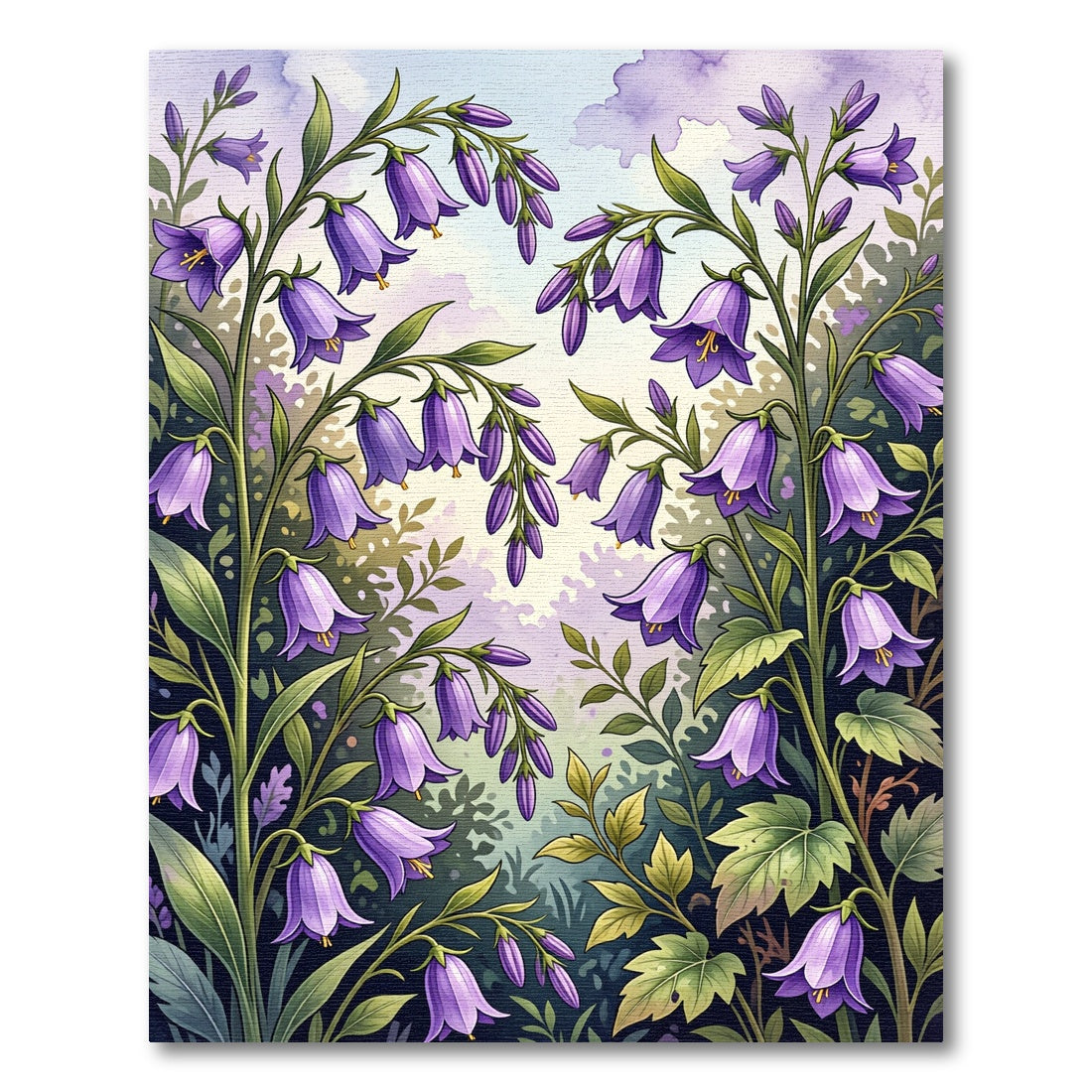Lavender Bellflower Meadow Botanical Illustration Rug
