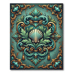 Ornate Teals Gold Scalloped Shell Scrollwork Rug