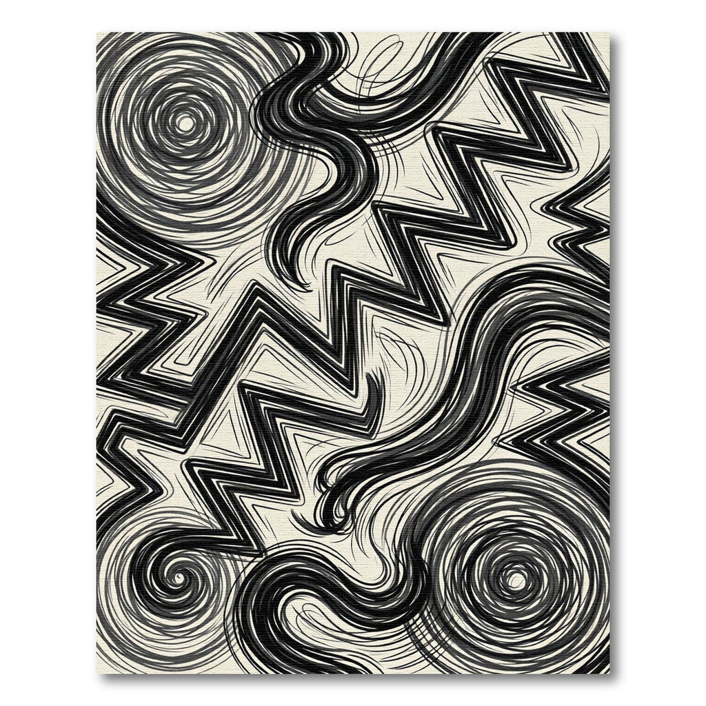 Monochromatic Abstract Zigzag And Swirl Art Rug