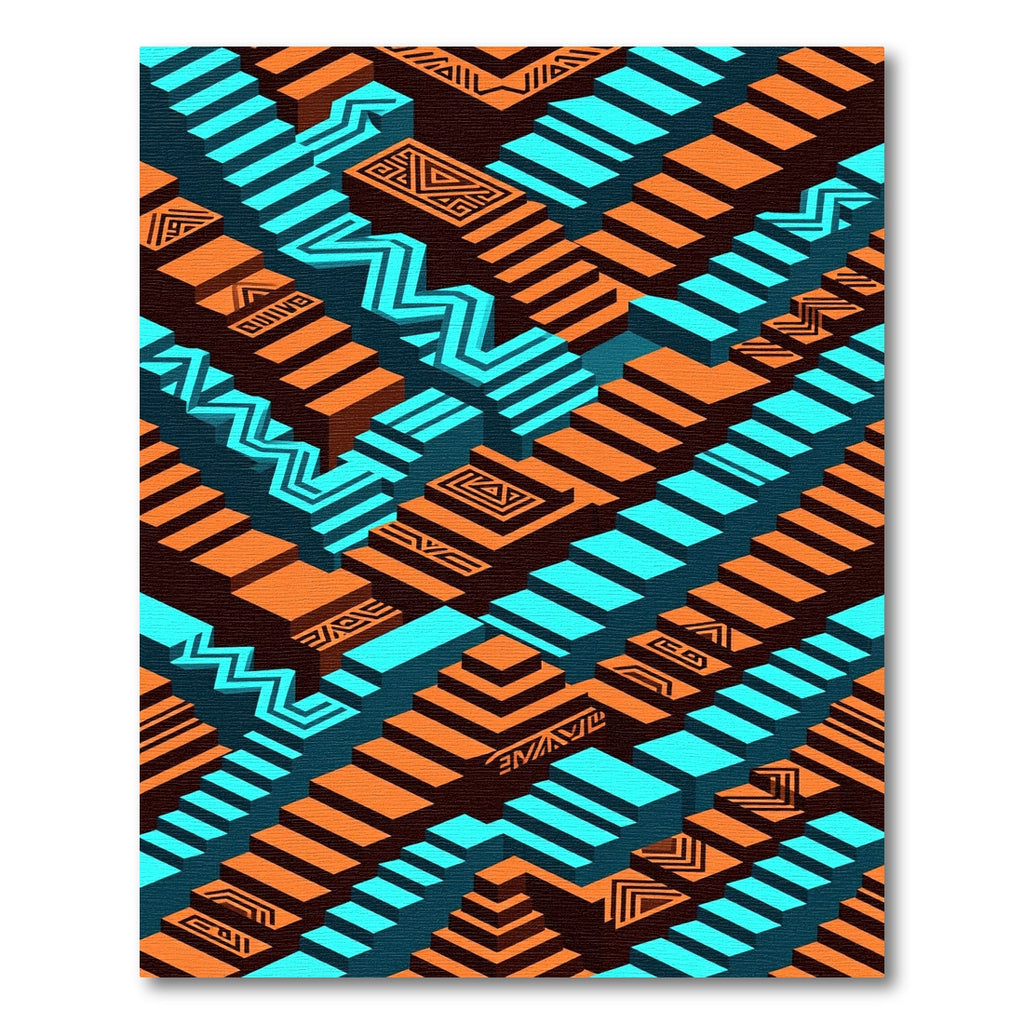 Geometric Turquoise and Orange Step Illusion Rug