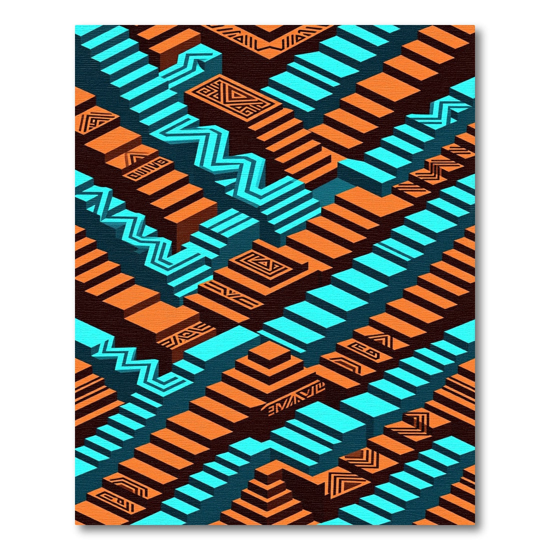 Geometric Turquoise and Orange Step Illusion Rug