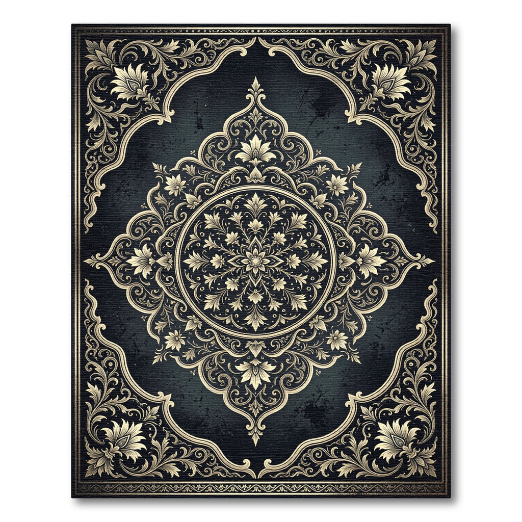 Ornate Gold Floral Medallion Charcoal Backdrop Rug