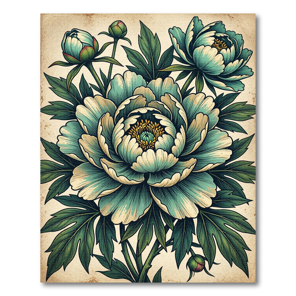 Vintage Teal Peony Botanical Illustration Rug