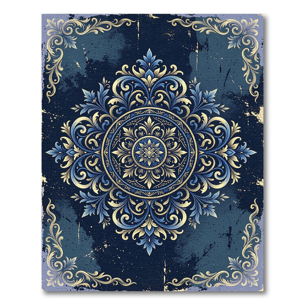 Ornate Gold and Navy Floral Medallion Rug