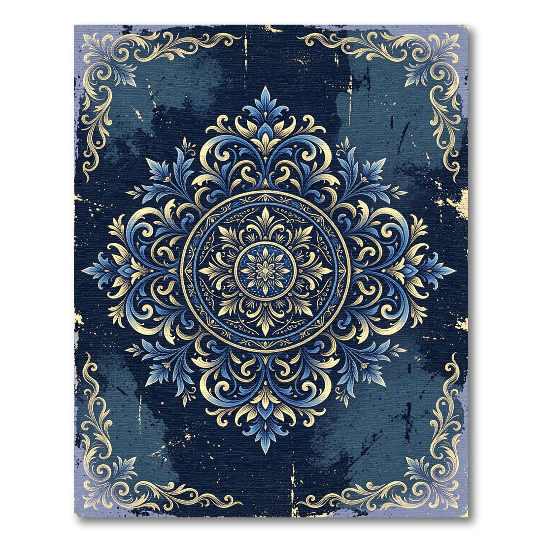 Ornate Gold and Navy Floral Medallion Rug