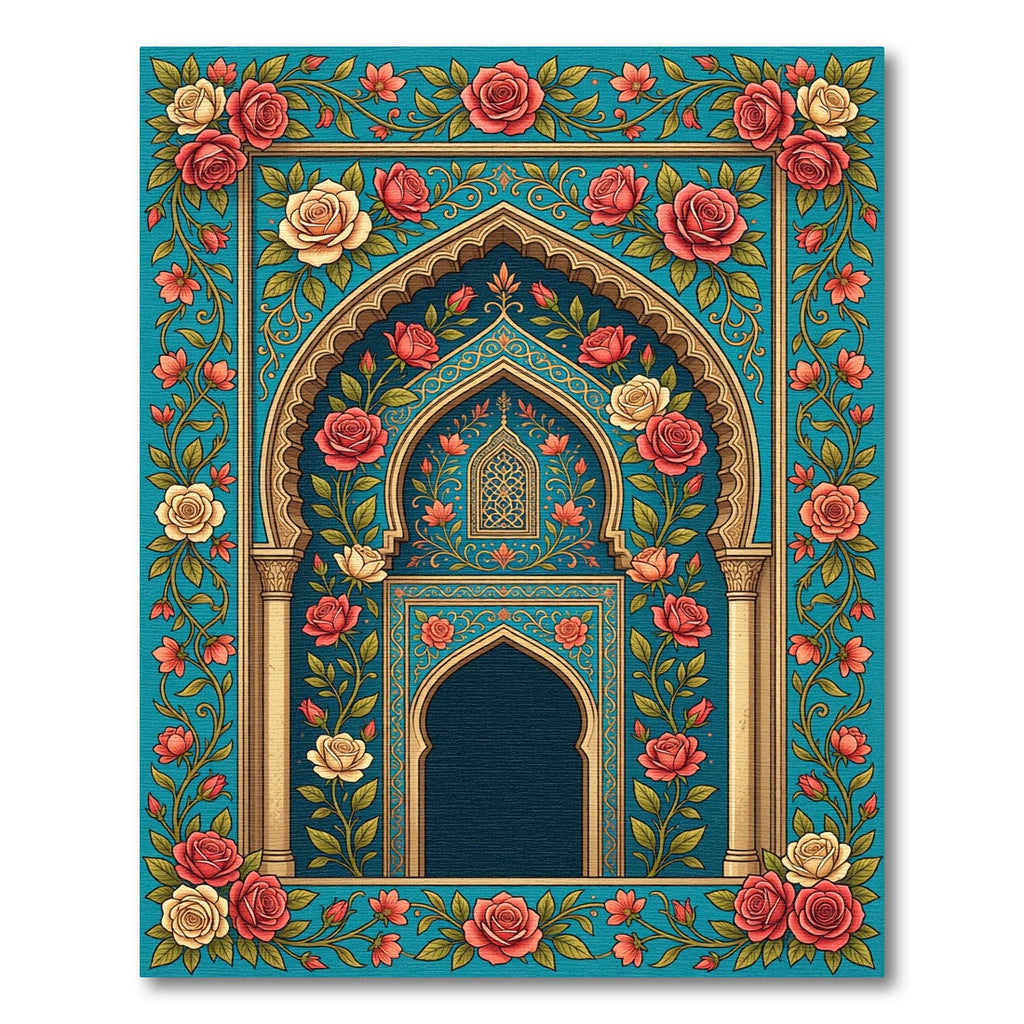 Ornate Floral Arch Rose Teal Tapestry Rug