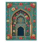 Ornate Floral Arch Rose Teal Tapestry Rug