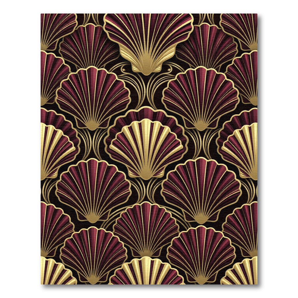 Art Deco Maroon Burgundy Golden Shell Rug