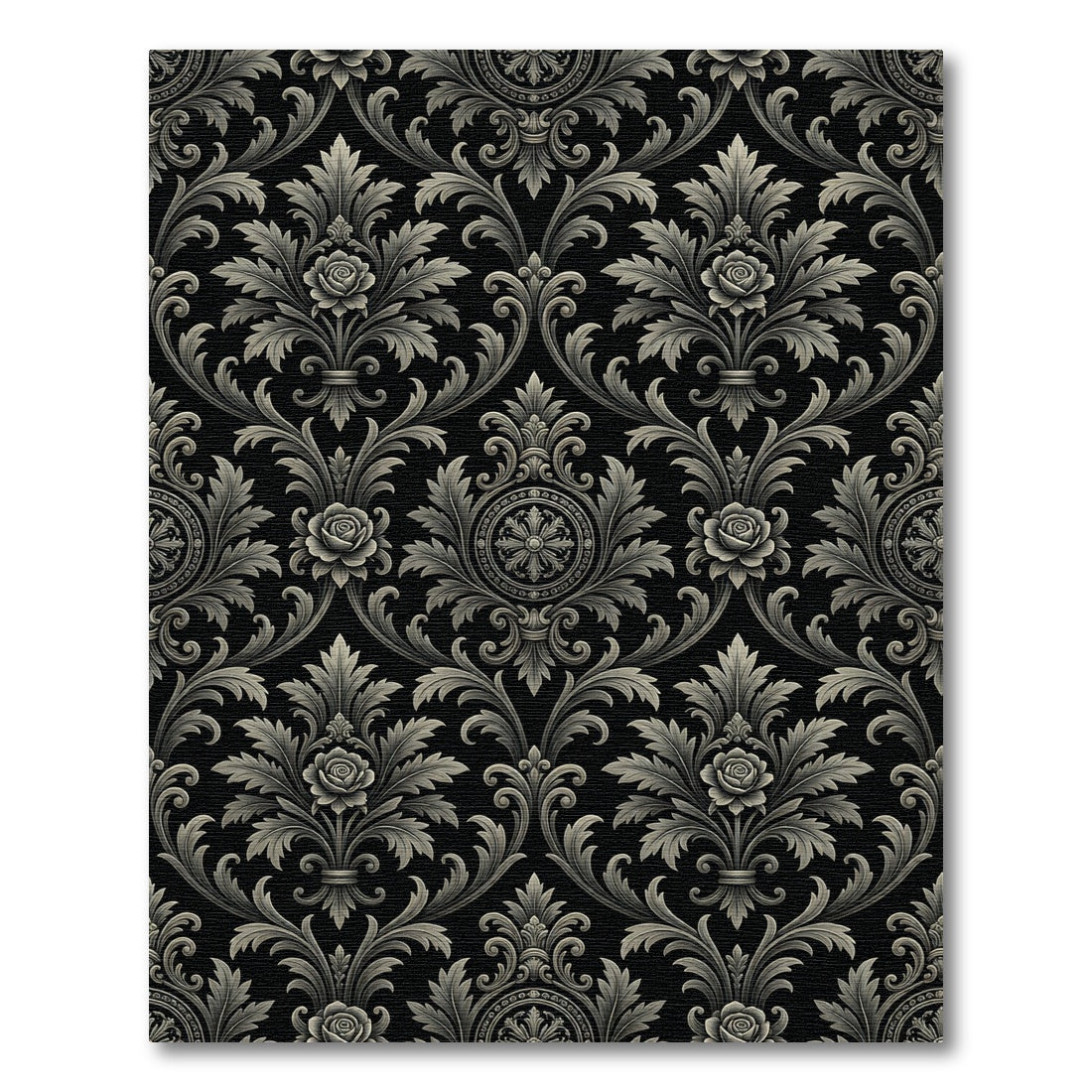 Elegant Black and Silver Damask Rose Rug