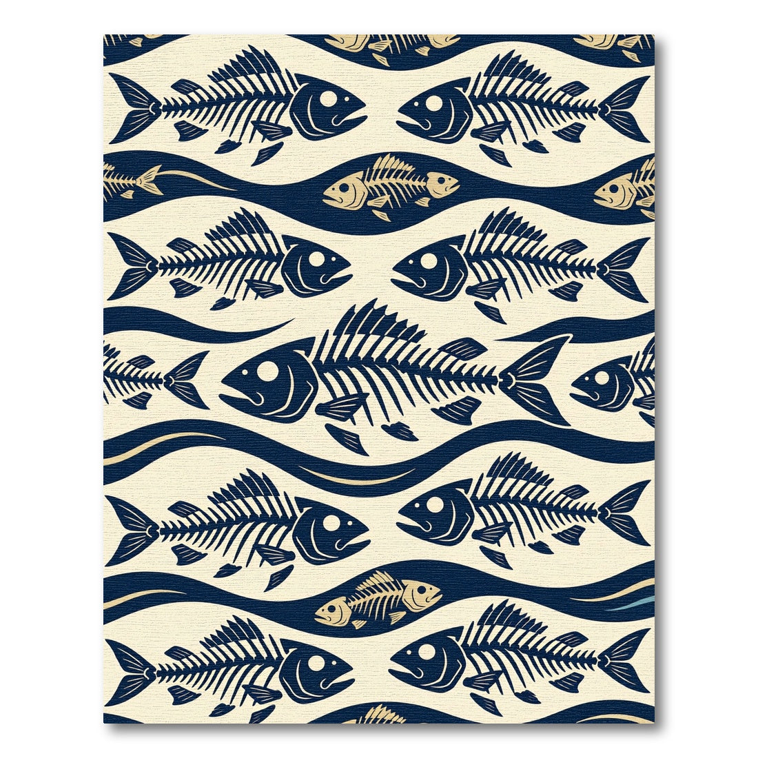 Navy Blue Skeletal Fish Wave Composition Rug