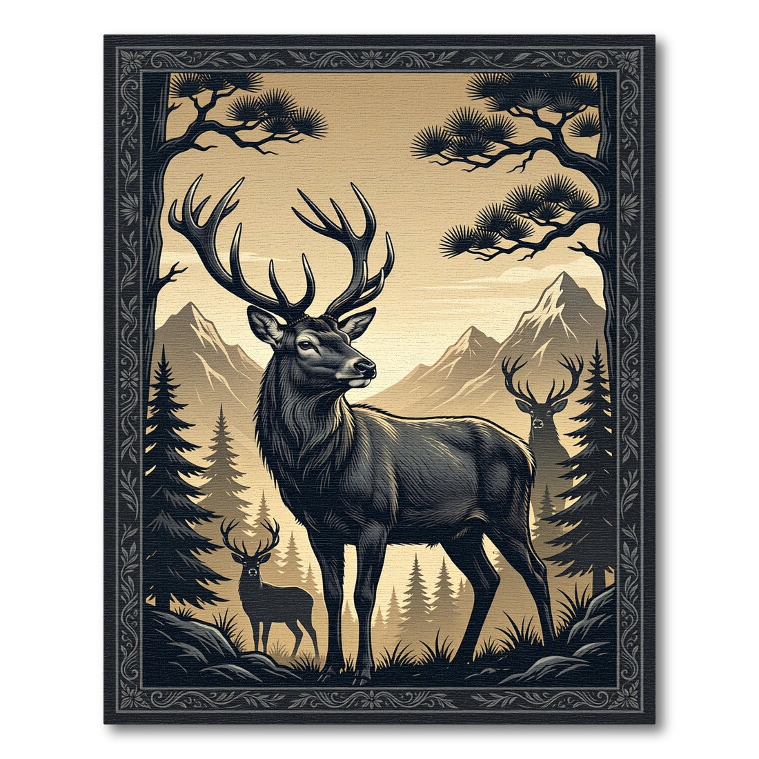 Majestic Stag Mountain Forest Silhouette Rug