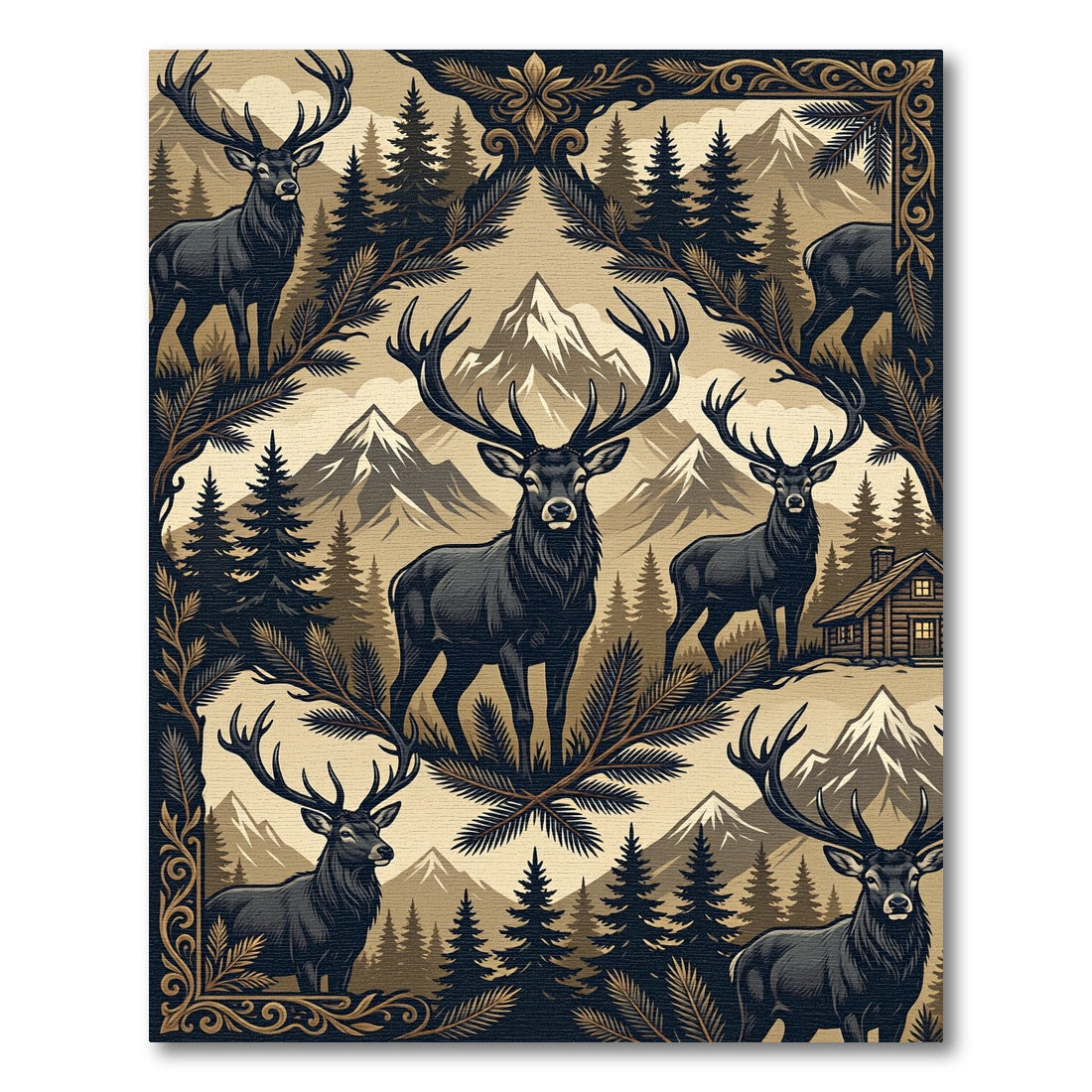 Rustic Dark Forest Elk Mountain Scene Rug