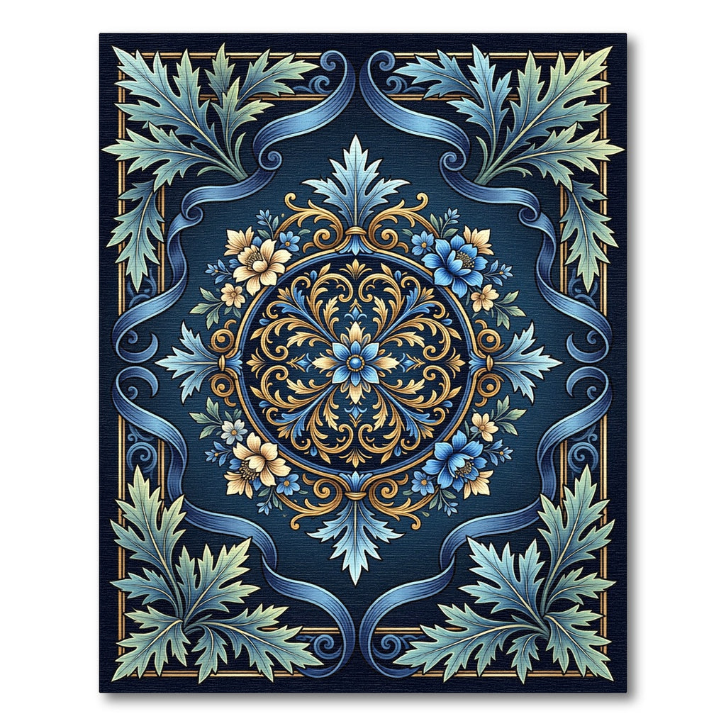 Intricate Blue Gold Floral Medallion Rug