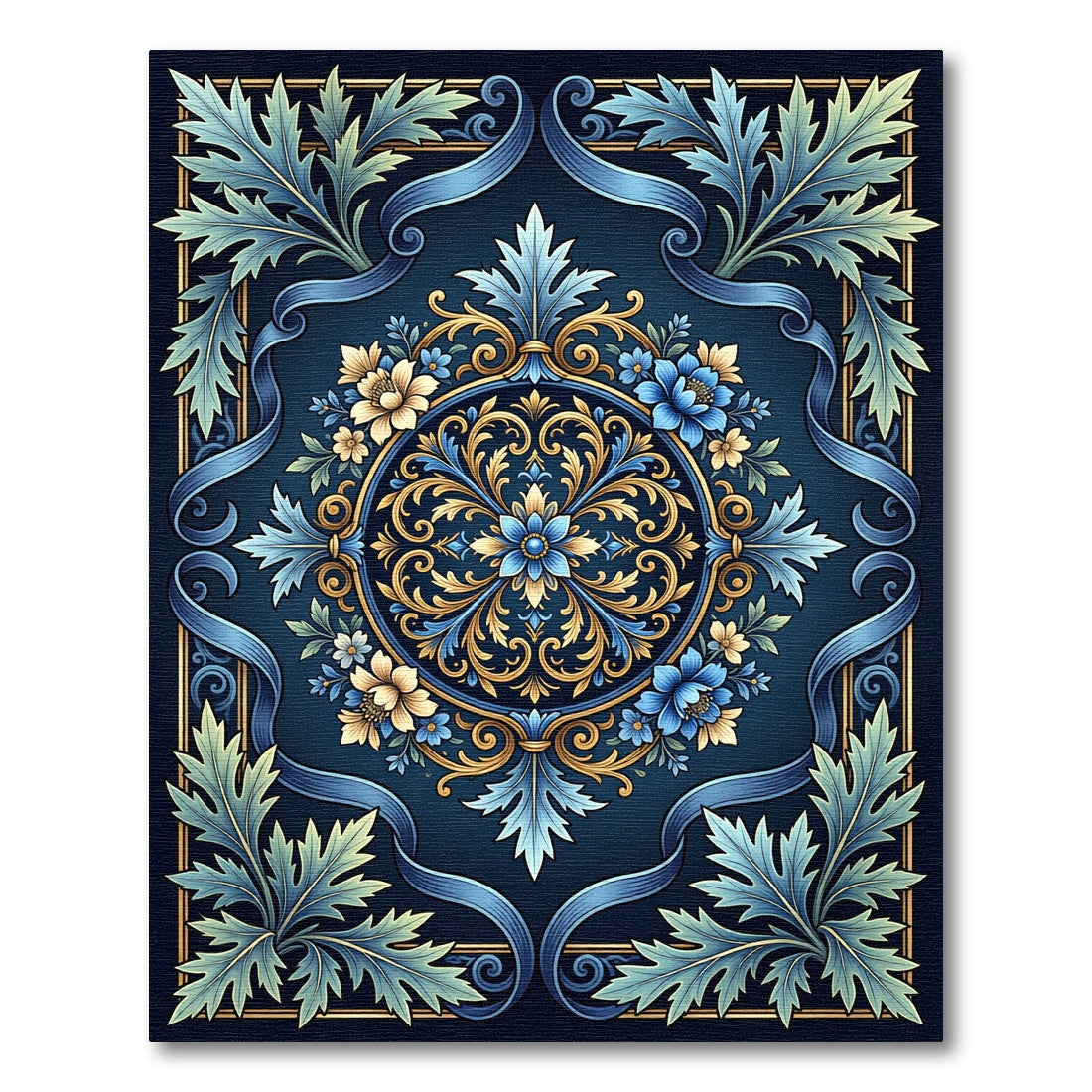 Intricate Blue Gold Floral Medallion Rug