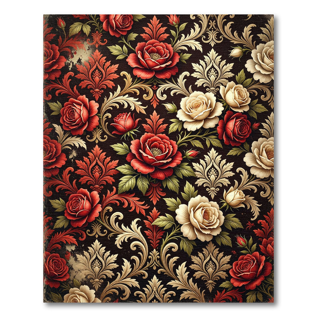 Rich Red Cream Rose Damask Romance Rug