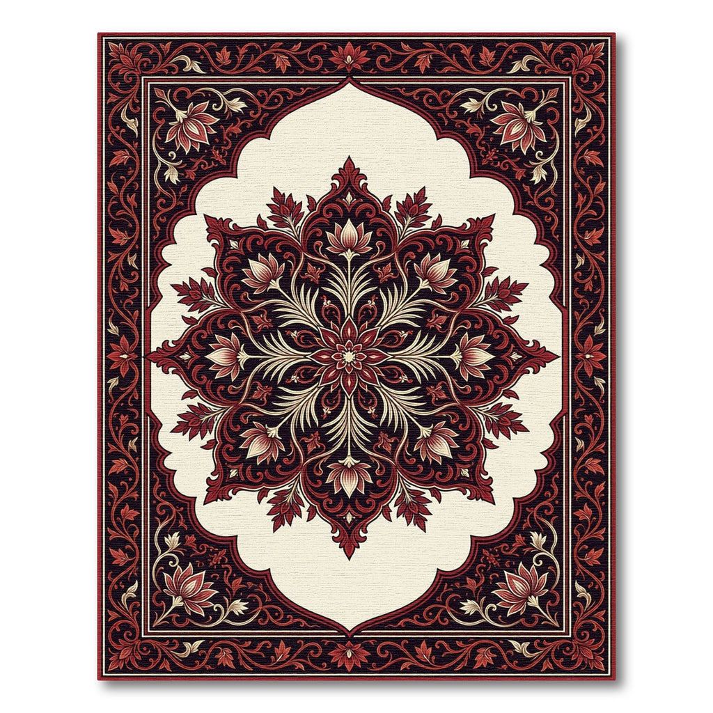 Elegant Crimson Floral Medallion Ivory Background Rug